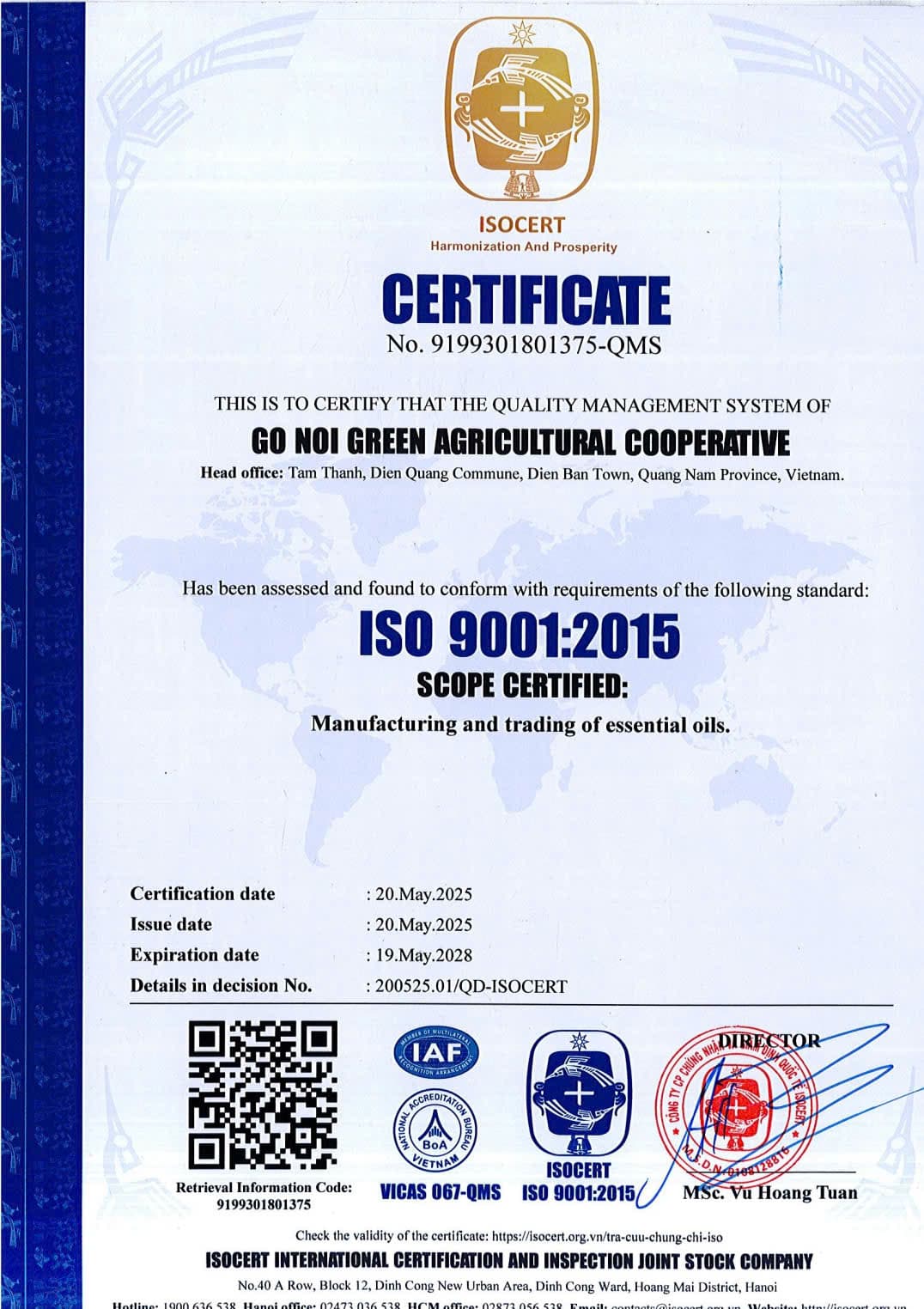 Giấy chứng nhận ISO 9001:2015 của HTX Nông nghiệp xanh Gò Nổi