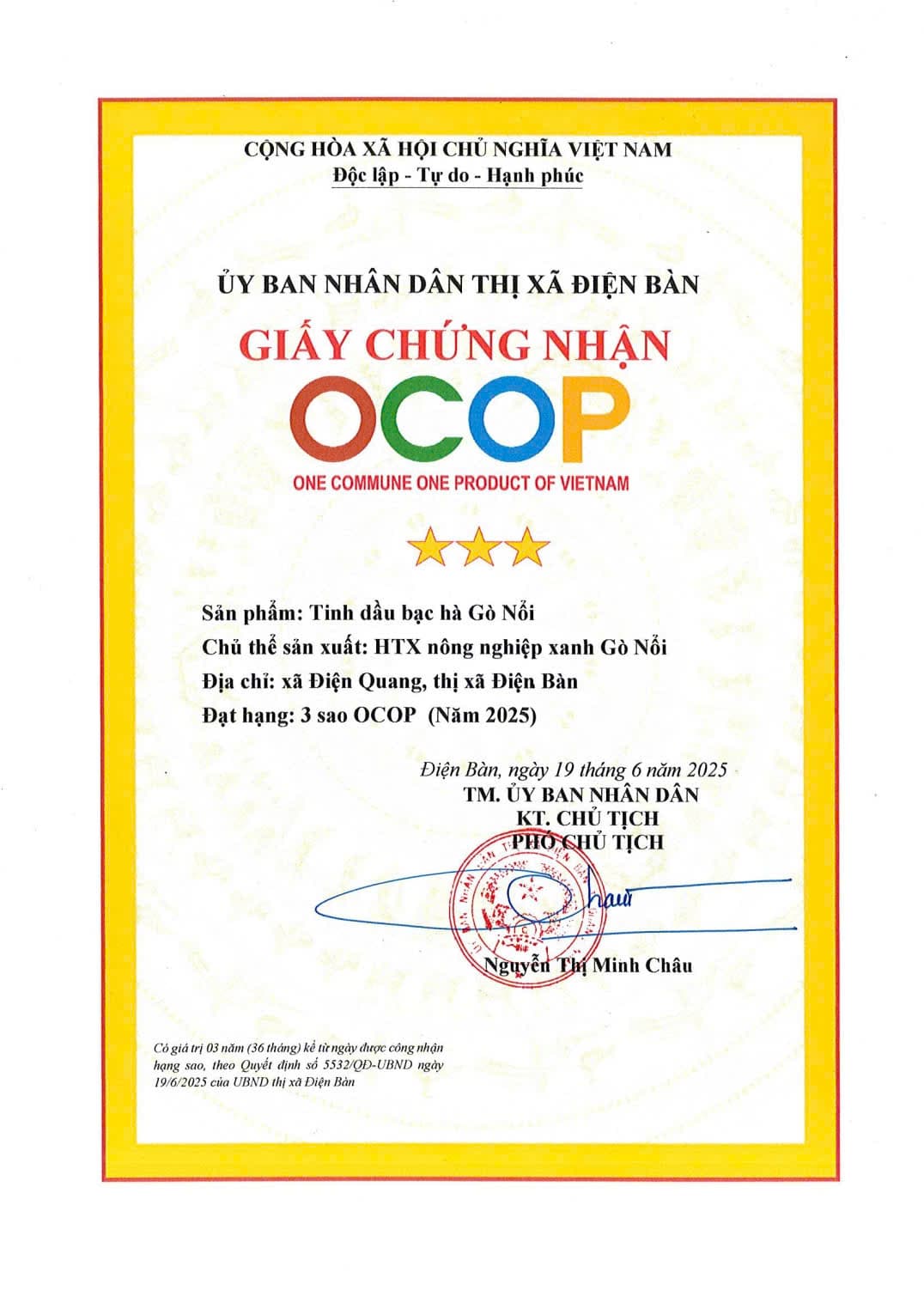 Giấy chứng nhận OCOP 3 sao sản phẩm tinh dầu Bạc Hà
