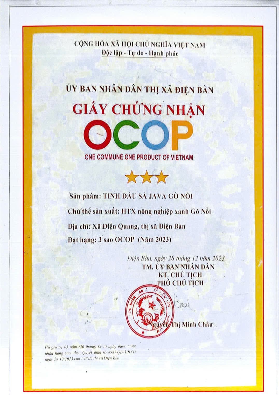 Giấy chứng nhận OCOP 3 sao sản phẩm tinh dầu Sả Java