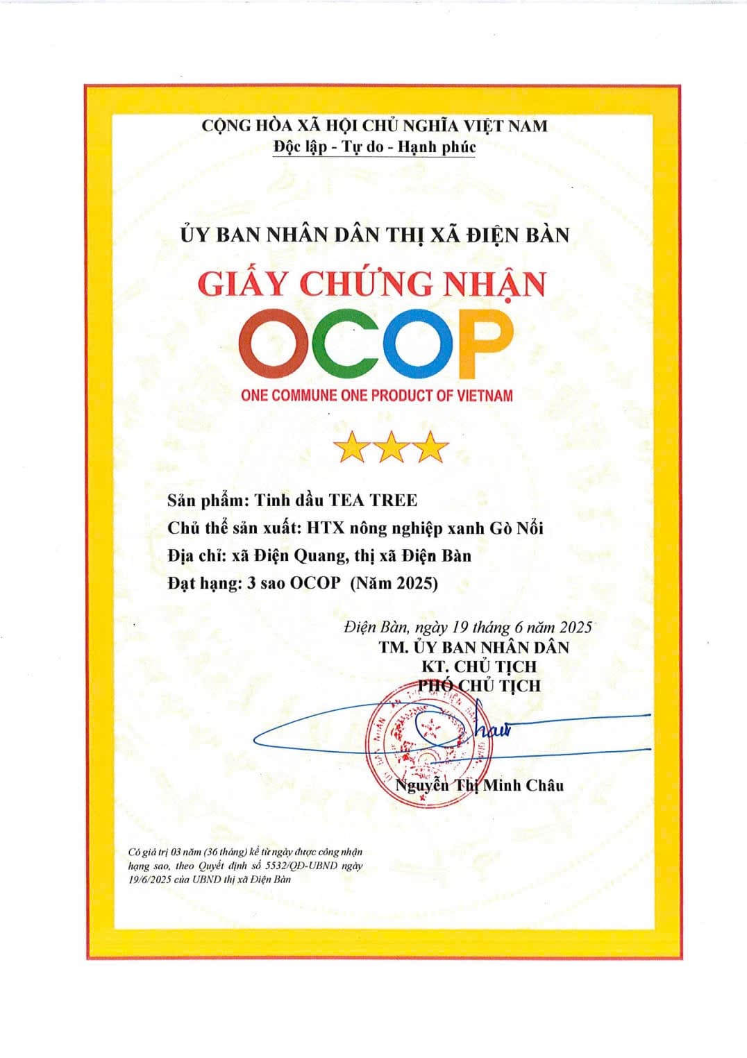 Giấy chứng nhận OCOP 3 sao sản phẩm tinh dầu Tea Tree