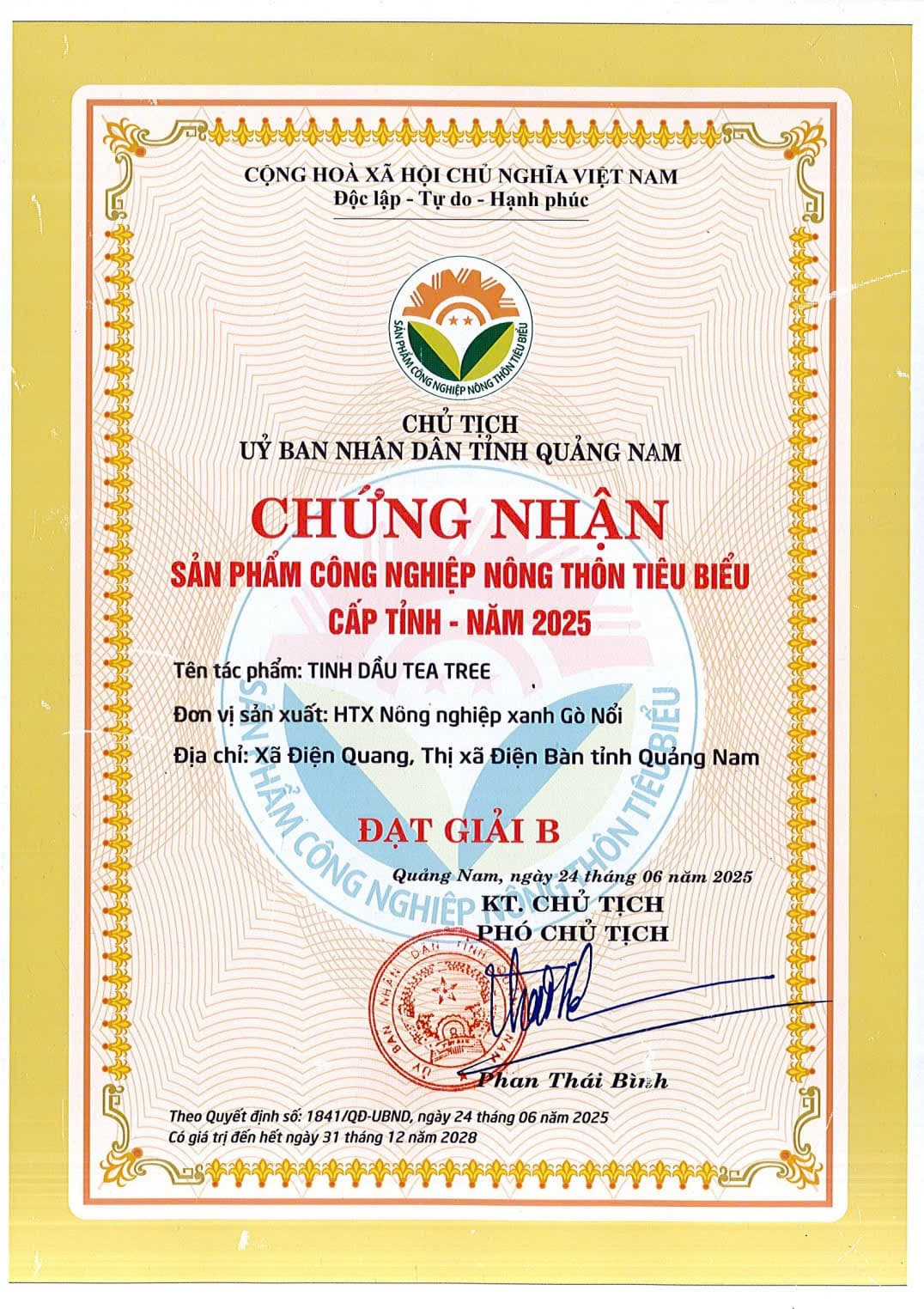 Chứng nhận sản phẩm công nghiệp nông thôn tiêu biểu cấp tỉnh