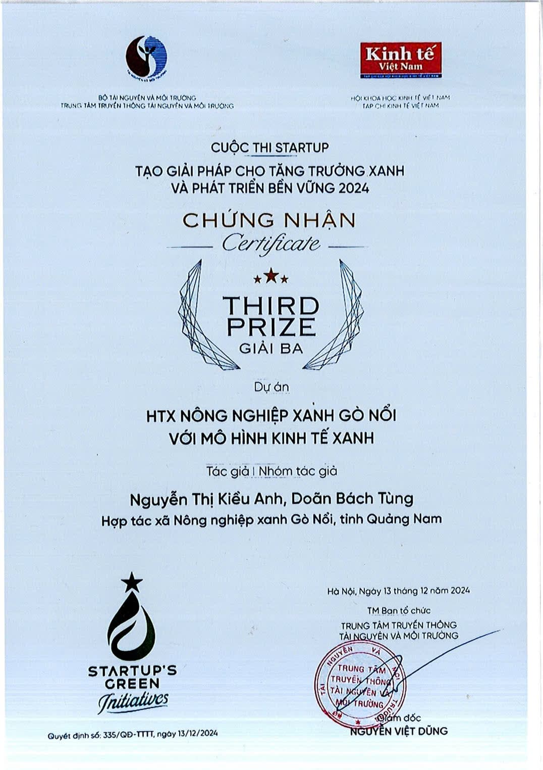 Giải ba cuộc thi startup tăng trưởng xanh 2024