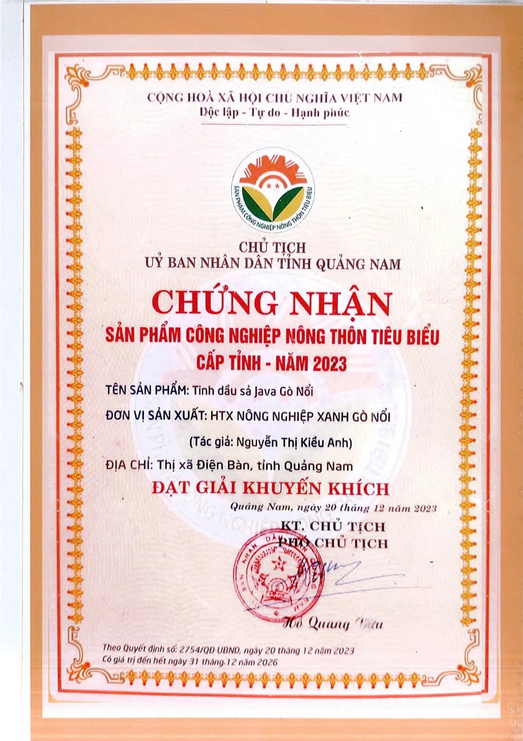 SẢN PHẨM NÔNG NGHIỆP NÔNG THÔN TIÊU BIỂU CẤP TỈNH - NĂM 2023