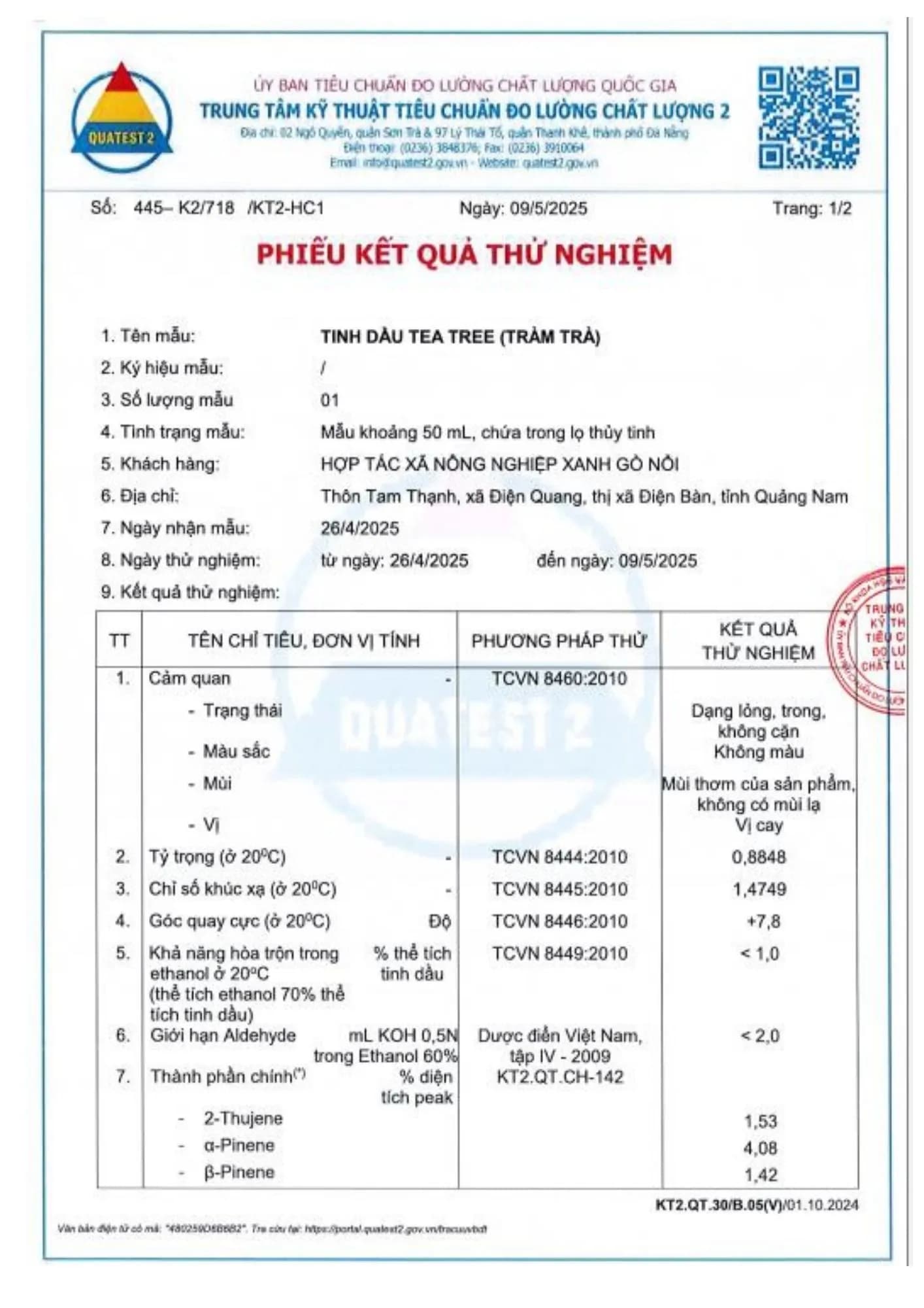 Kết Quả Kiểm Nghiệm Tinh Dầu Tràm Trà (Tea Tree)