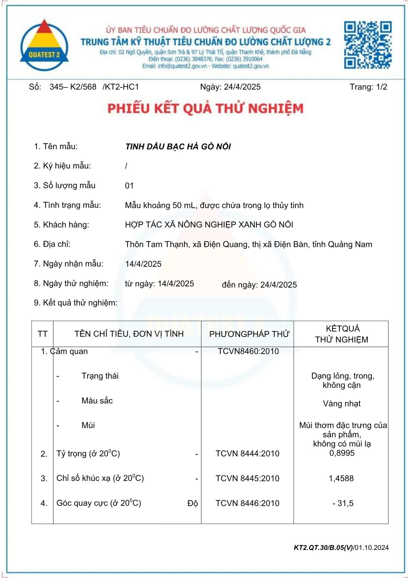 KẾT QUẢ THỬ NGHIỆM TINH DẦU BẠC HÀ