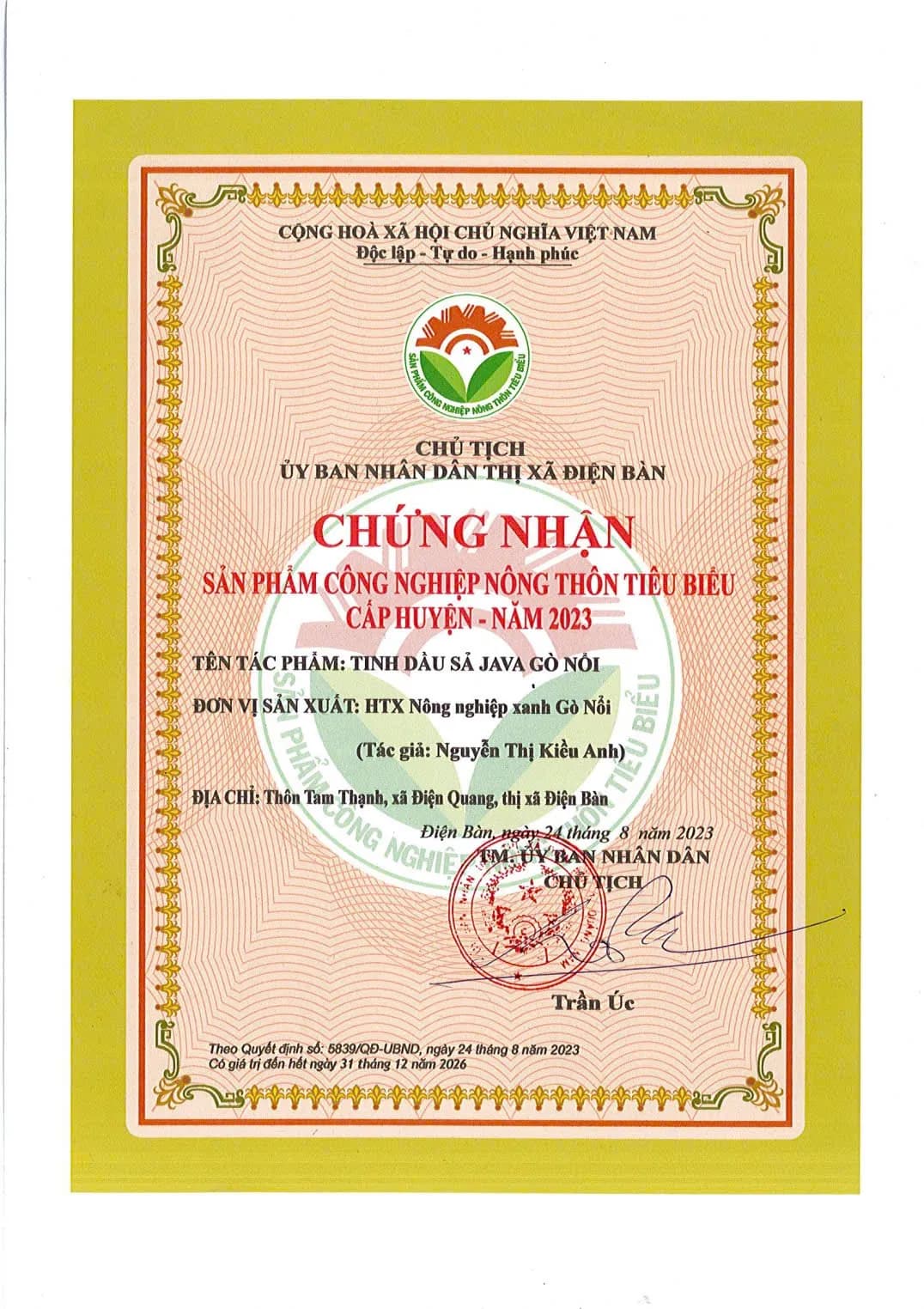 SẢN PHẨM CÔNG NGHIỆP NÔNG THÔN TIÊU BIỂU CẤP HUYỆN - NĂM 2023